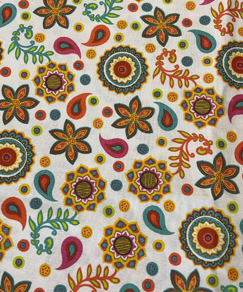 White with Colorful Green Pink Orange Yellow Flower Paisley